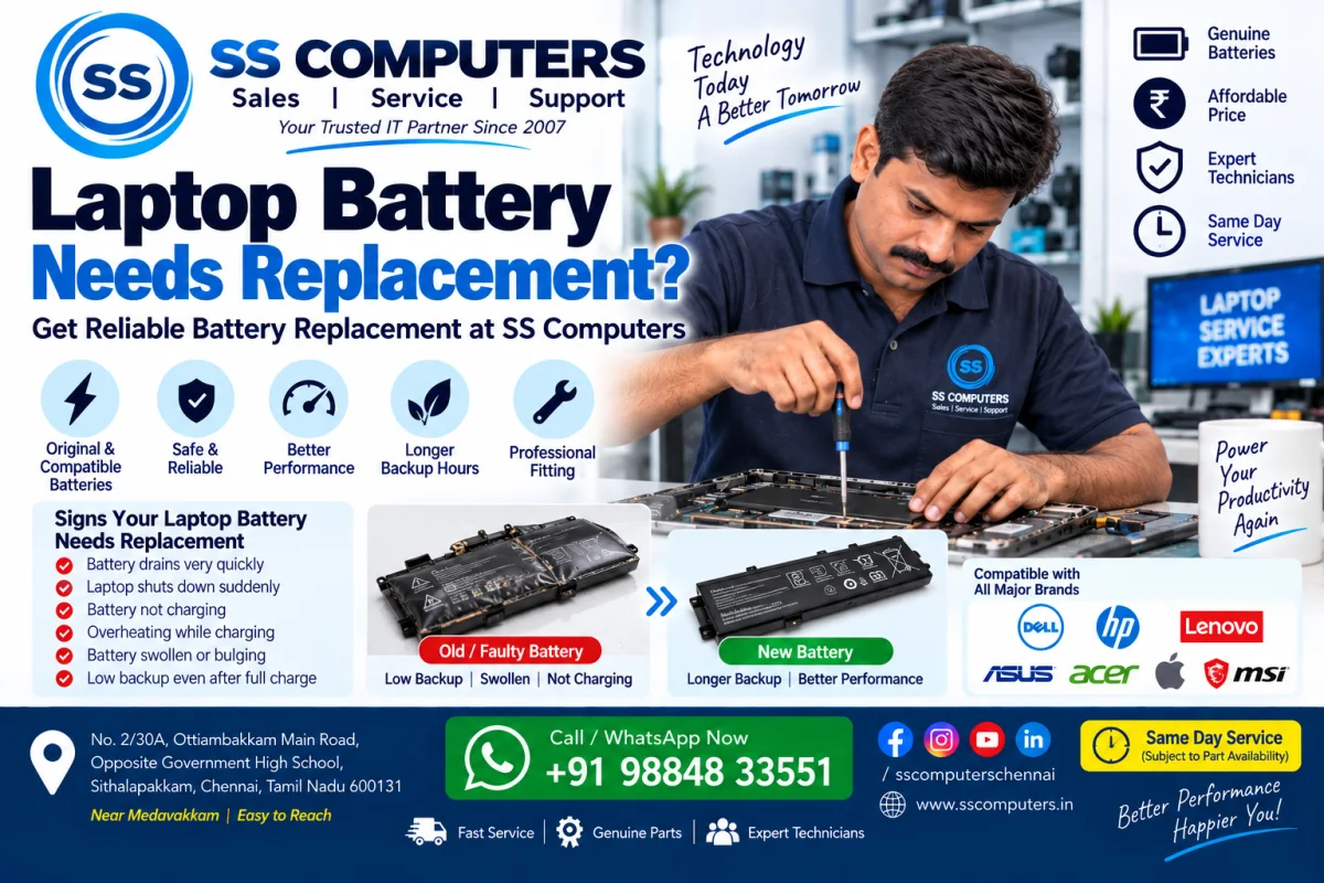 Laptop Battery Replacement in Medavakkam & Sithalapakkam – Signs Your Battery Needs Replacement