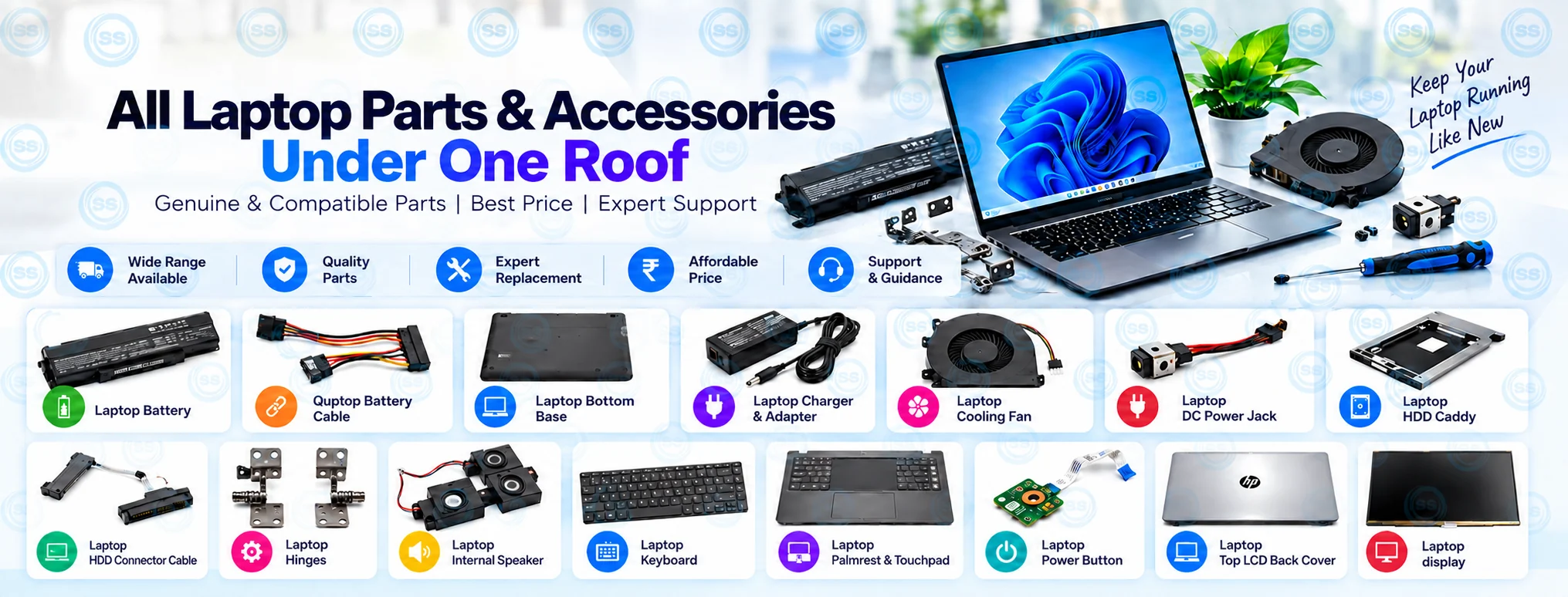 Laptop parts and accessories including battery, charger, keyboard, display, hinges, cooling fan, DC jack and laptop spare parts at SS Computers Chennai